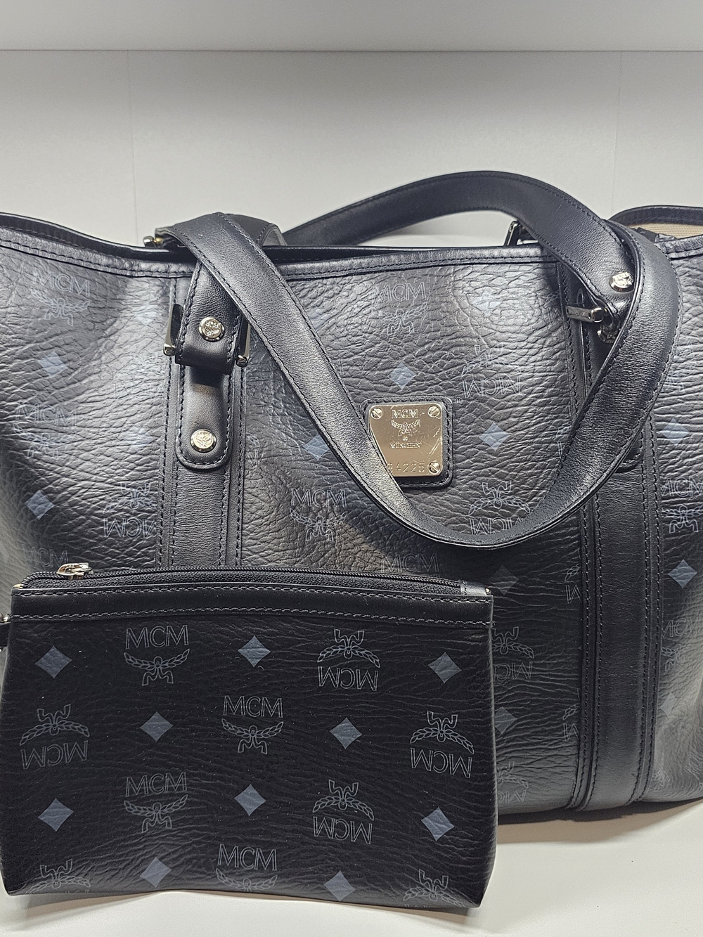 MCM Black Leather Logo Tote with Pouch